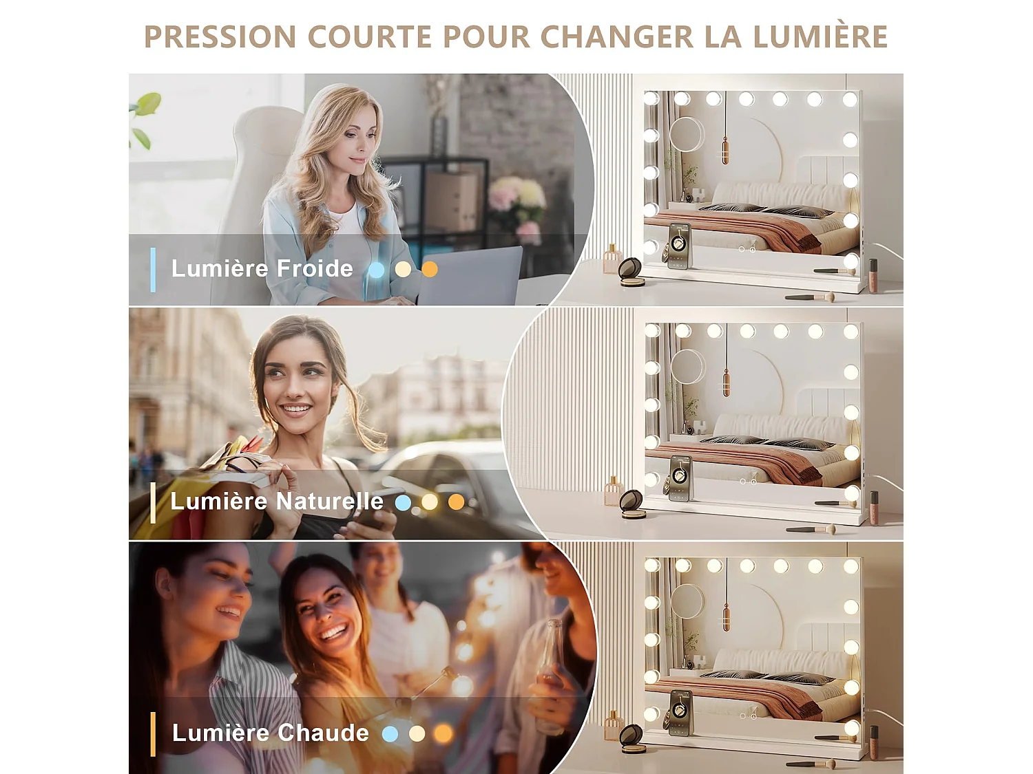 Miroir Maquillage LED 15 Ampoules 58x45cm, Bluetooth, Hollywood, 3 Modes, Luminosité Réglable, Touch, Table ou Mur, Blanc