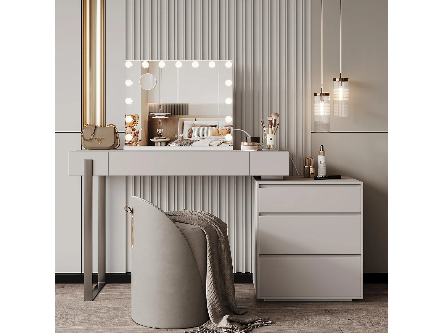 Miroir Maquillage LED 15 Ampoules 58x45cm, Bluetooth, Hollywood, 3 Modes, Luminosité Réglable, Touch, Table ou Mur, Blanc