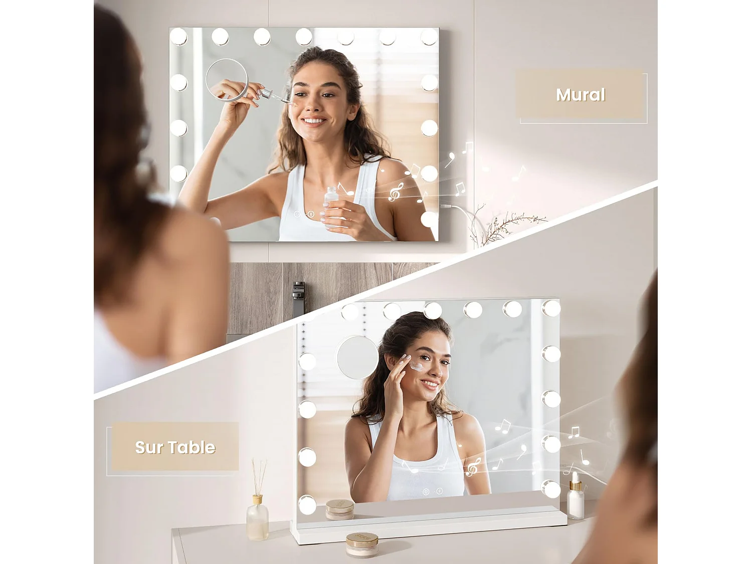 Miroir Maquillage LED 15 Ampoules 58x45cm, Bluetooth, Hollywood, 3 Modes, Luminosité Réglable, Touch, Table ou Mur, Blanc