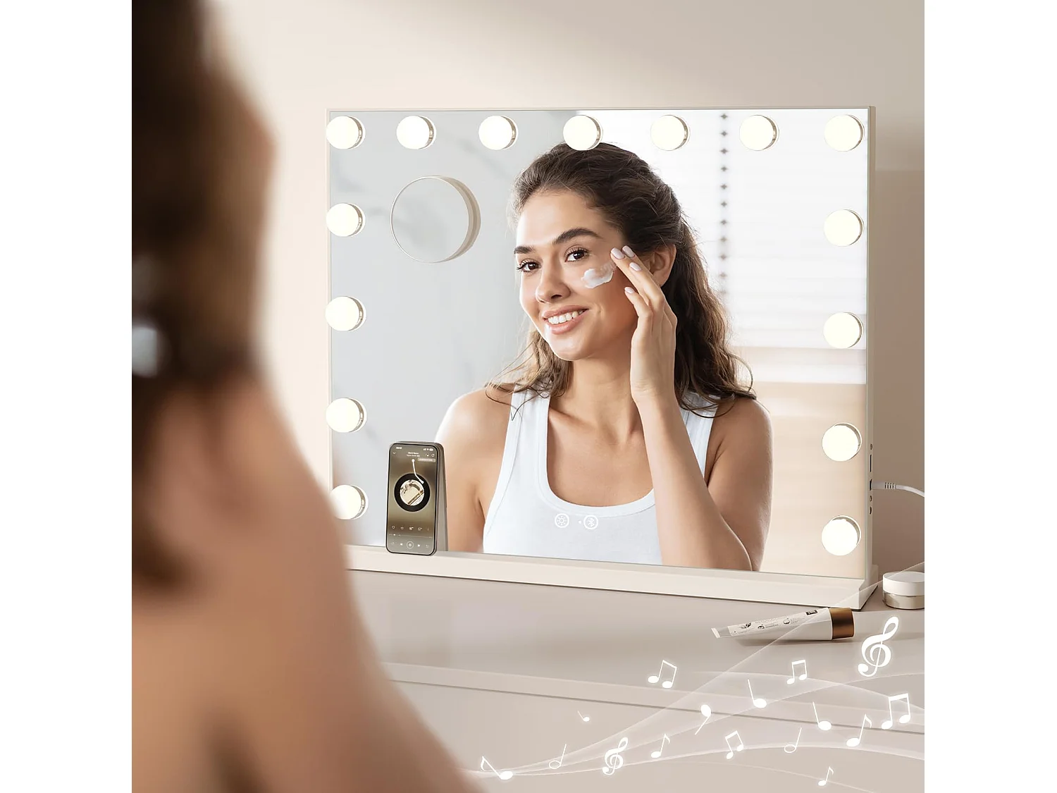 Miroir Maquillage LED 15 Ampoules 58x45cm, Bluetooth, Hollywood, 3 Modes, Luminosité Réglable, Touch, Table ou Mur, Blanc