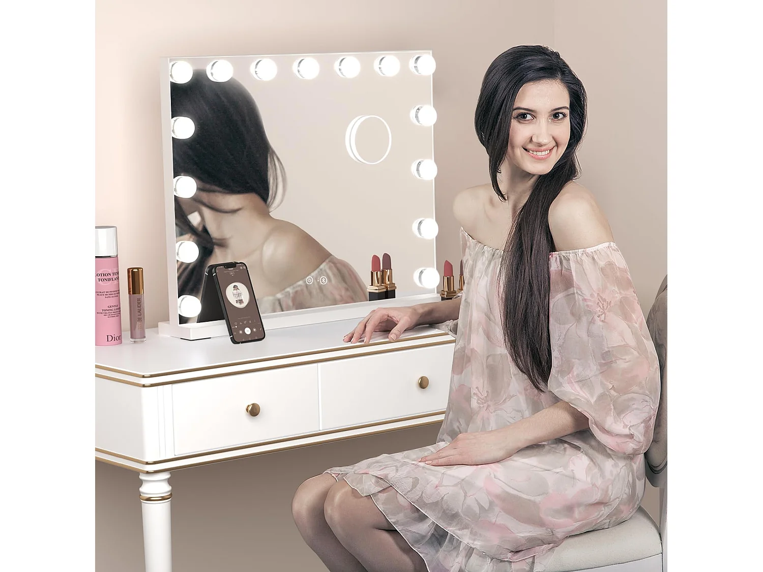 Miroir Maquillage LED 15 Ampoules 58x45cm, Bluetooth, Hollywood, 3 Modes, Luminosité Réglable, Touch, Table ou Mur, Blanc