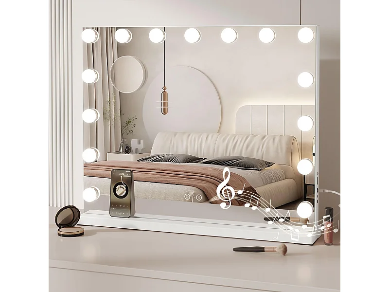 Miroir Maquillage LED 15 Ampoules 58x45cm, Bluetooth, Hollywood, 3 Modes, Luminosité Réglable, Touch, Table ou Mur, Blanc