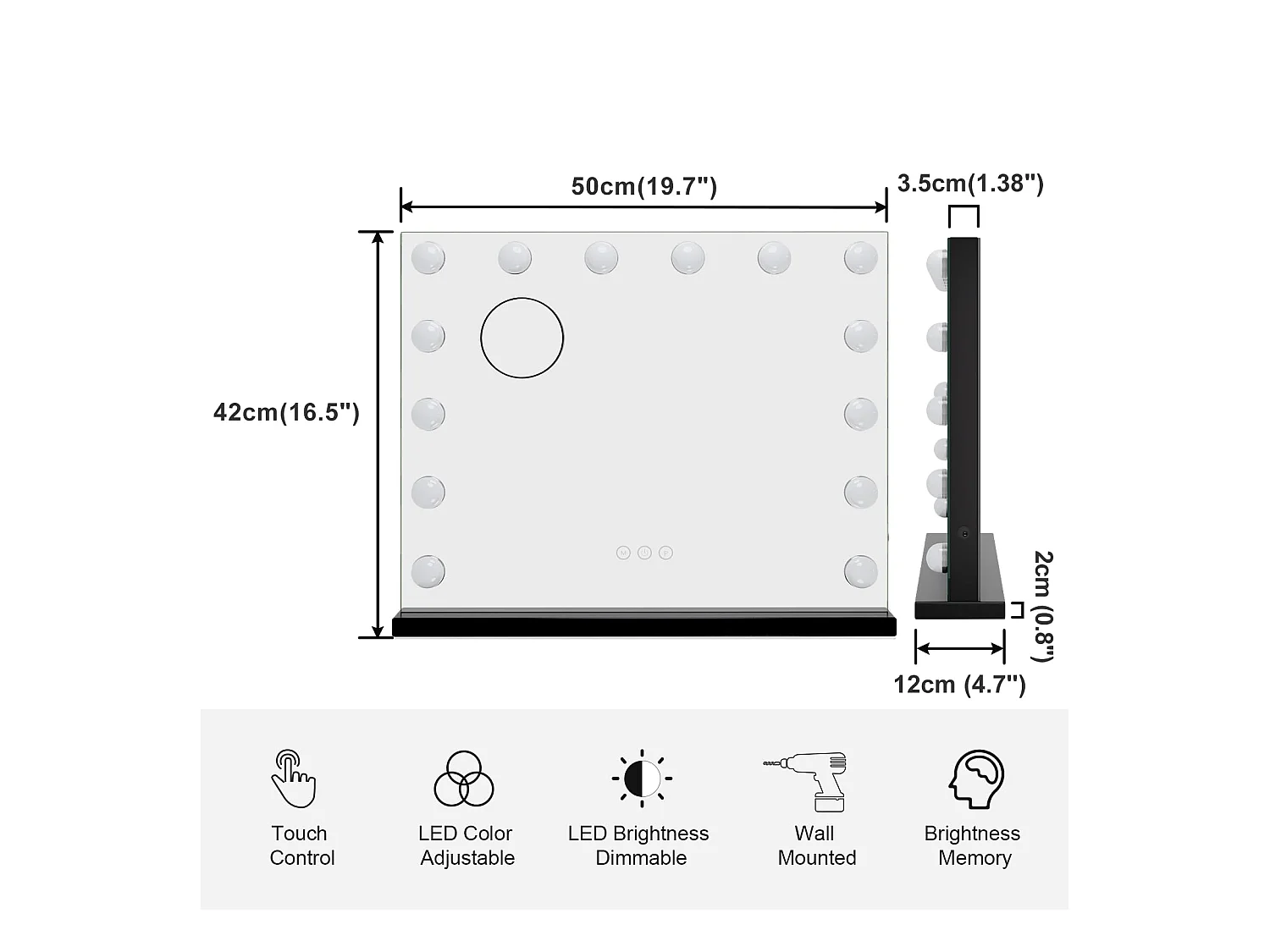 Miroir Maquillage Hollywood LED 14 Lumières, Contrôle Tactile, 3 Modes, Luminosité Réglable, 50x42cm, Noir