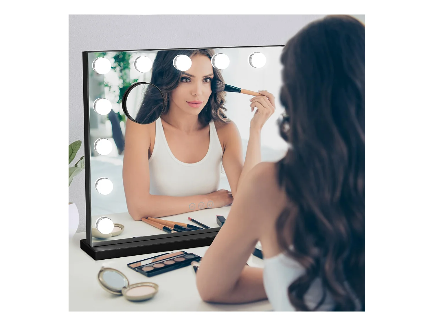 Miroir Maquillage Hollywood LED 14 Lumières, Contrôle Tactile, 3 Modes, Luminosité Réglable, 50x42cm, Noir