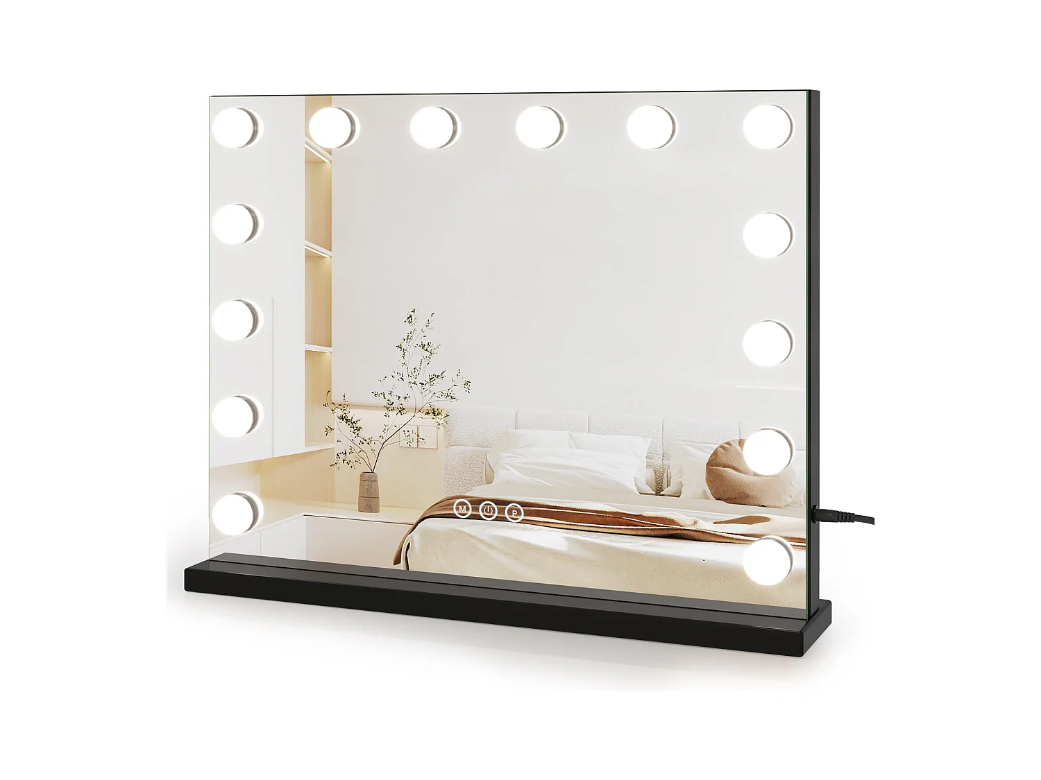 Miroir Maquillage Hollywood LED 14 Lumières, Contrôle Tactile, 3 Modes, Luminosité Réglable, 50x42cm, Noir