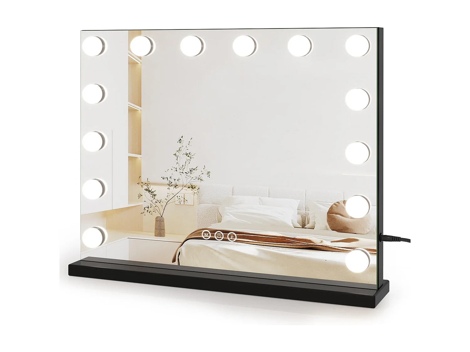 Miroir Maquillage Hollywood LED 14 Lumières, Contrôle Tactile, 3 Modes, Luminosité Réglable, 50x42cm, Noir