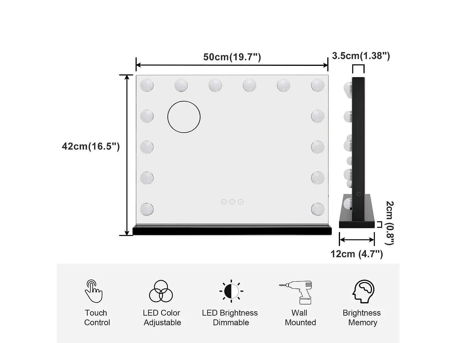 Miroir Maquillage Hollywood LED 14 Lumières, Contrôle Tactile, 3 Modes, Luminosité Réglable, 50x42cm, Noir