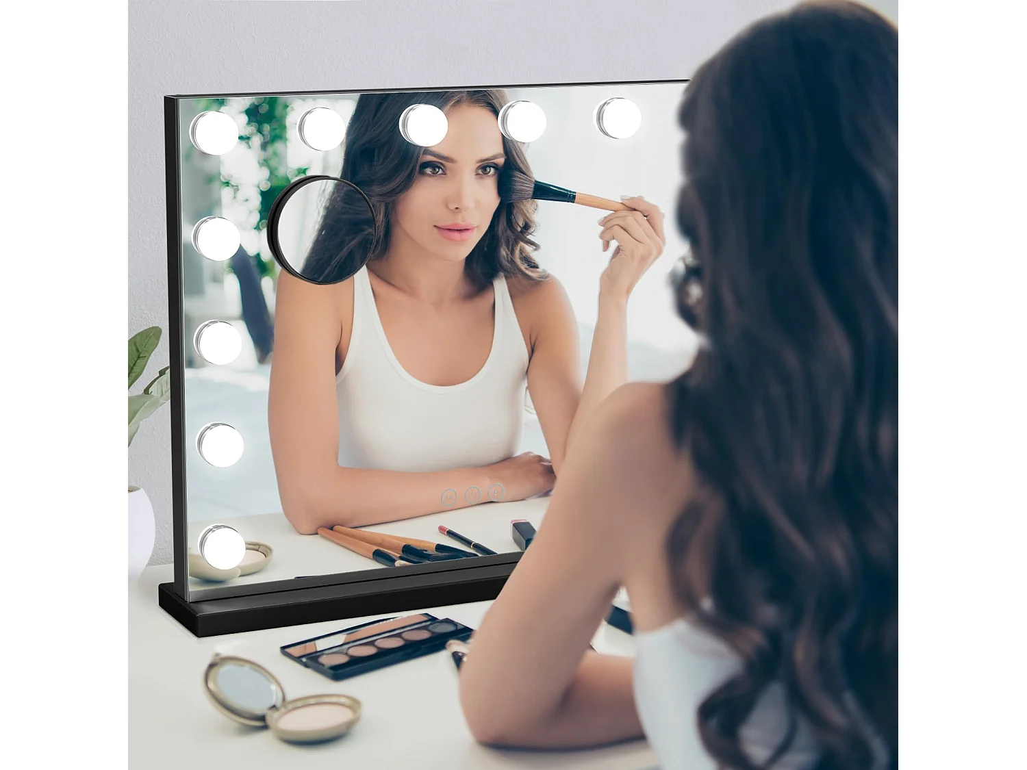 Miroir Maquillage Hollywood LED 14 Lumières, Contrôle Tactile, 3 Modes, Luminosité Réglable, 50x42cm, Noir