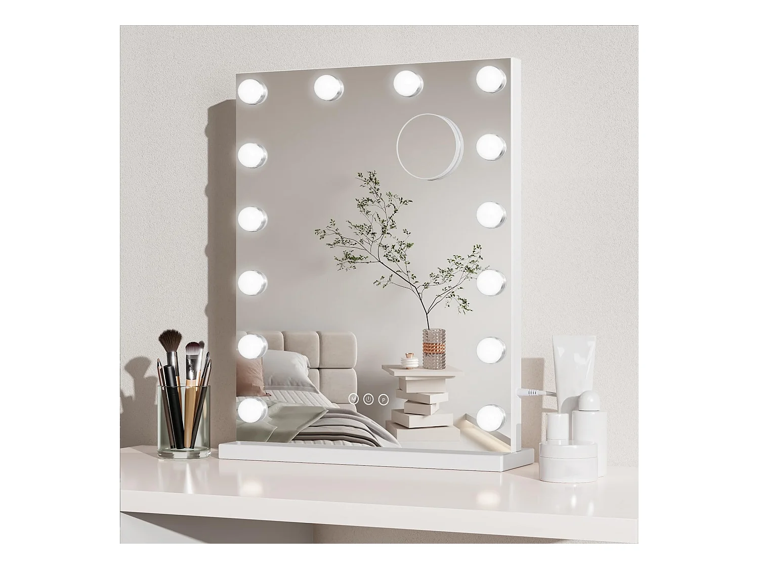Miroir Maquillage LED 14 Lumières 40x52cm, Hollywood, 3 Modes, Luminosité Réglable, Contrôle Tactile, Mur ou Table, Blanc