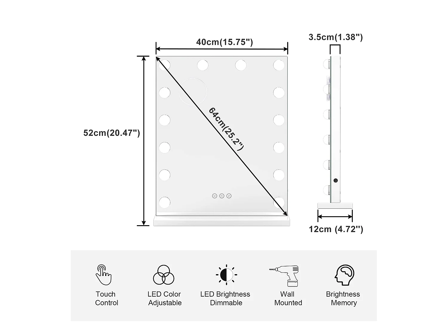 Miroir Maquillage LED 14 Lumières 40x52cm, Hollywood, 3 Modes, Luminosité Réglable, Contrôle Tactile, Mur ou Table, Blanc