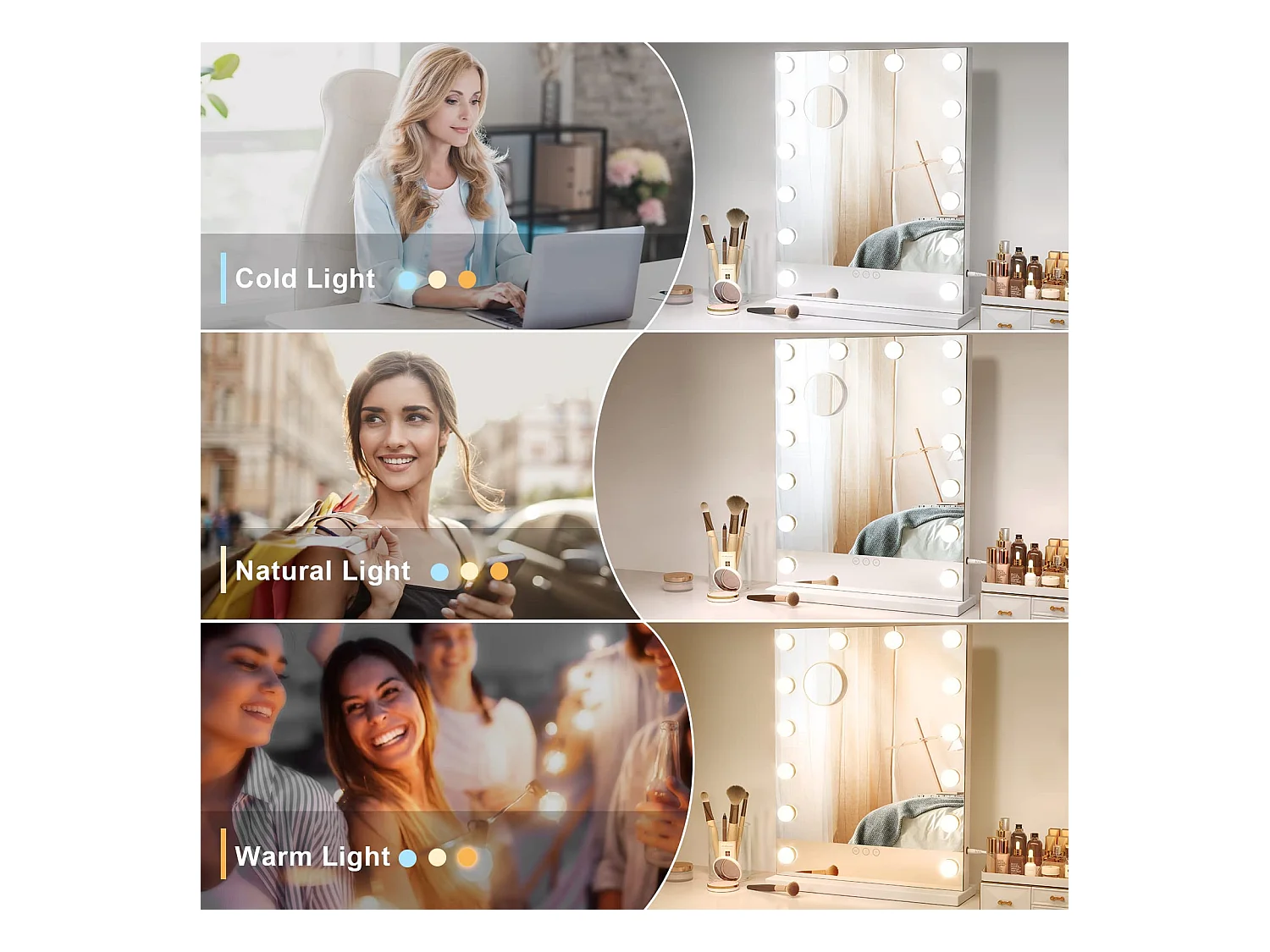 Miroir Maquillage LED 14 Lumières 40x52cm, Hollywood, 3 Modes, Luminosité Réglable, Contrôle Tactile, Mur ou Table, Blanc