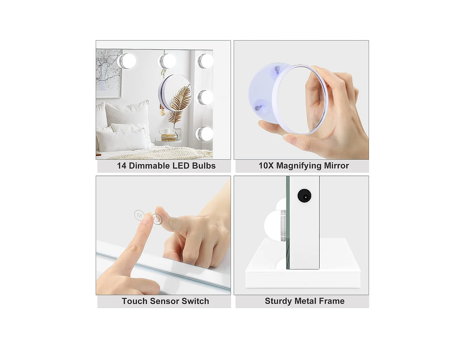 Miroir Maquillage LED 14 Lumières 40x52cm, Hollywood, 3 Modes, Luminosité Réglable, Contrôle Tactile, Mur ou Table, Blanc