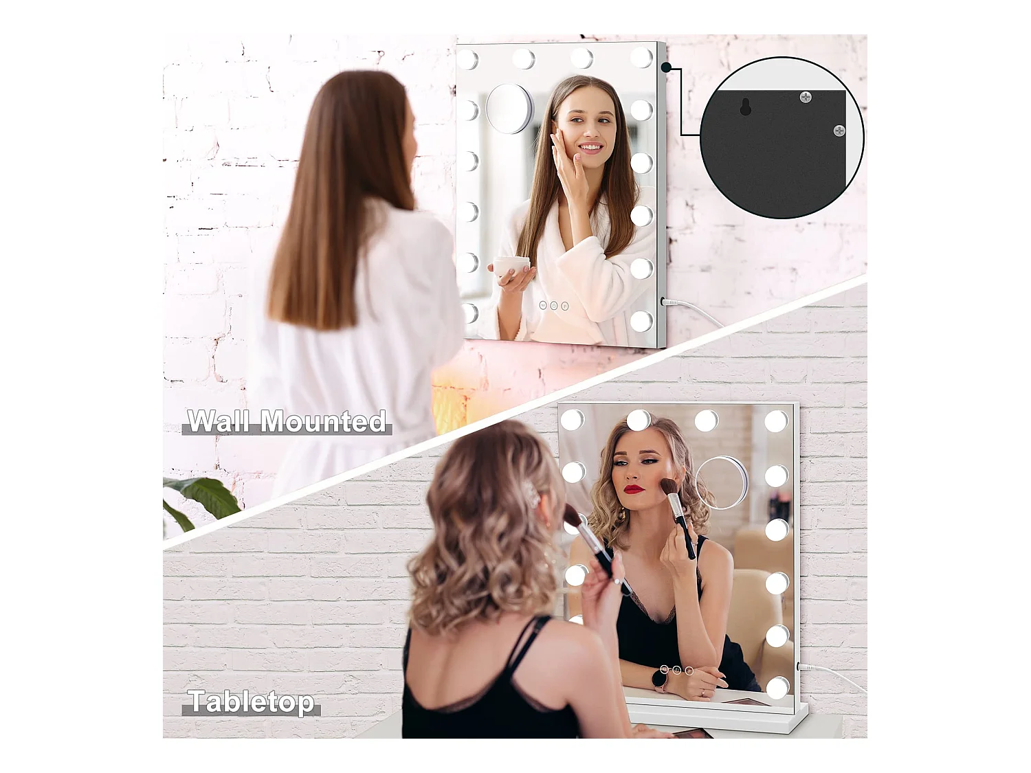 Miroir Maquillage LED 14 Lumières 40x52cm, Hollywood, 3 Modes, Luminosité Réglable, Contrôle Tactile, Mur ou Table, Blanc