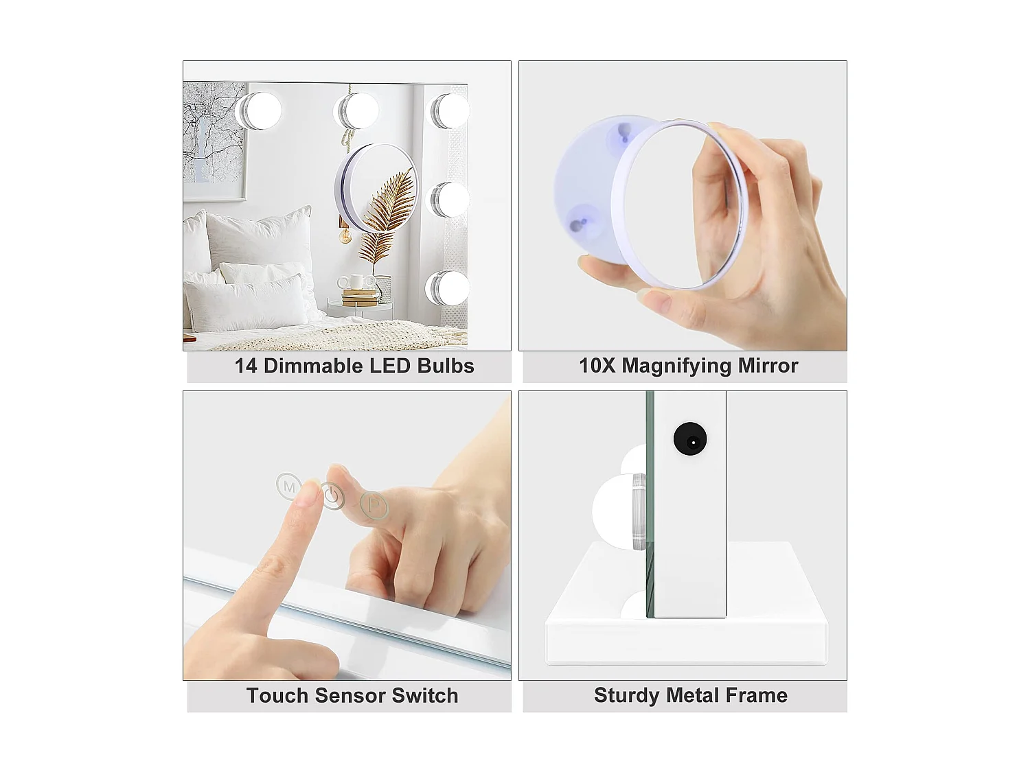 Miroir Maquillage LED 14 Lumières 40x52cm, Hollywood, 3 Modes, Luminosité Réglable, Contrôle Tactile, Mur ou Table, Blanc