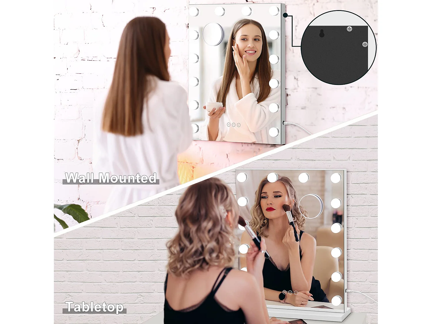 Miroir Maquillage LED 14 Lumières 40x52cm, Hollywood, 3 Modes, Luminosité Réglable, Contrôle Tactile, Mur ou Table, Blanc