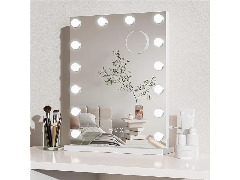 Specchio per il trucco a LED con 14 luci, 40x52 cm, Hollywood, 3 modalità, luminosità regolabile, controllo touch, da parete o da tavolo, bianco