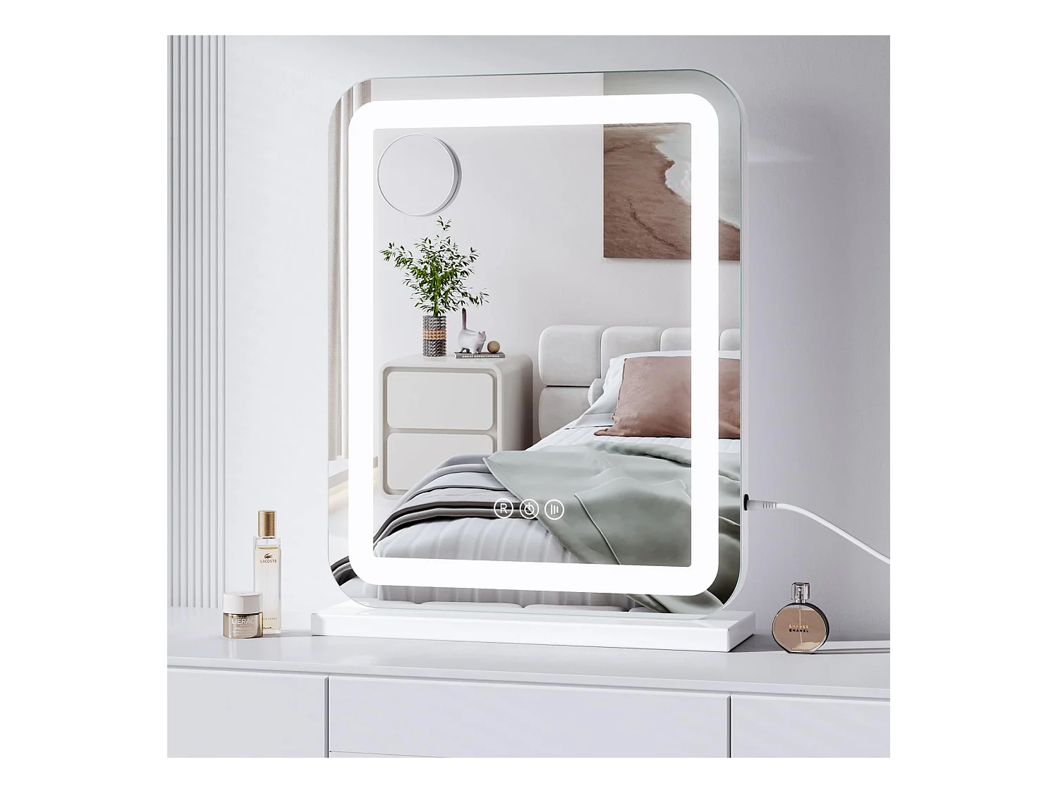 Miroir Maquillage LED 40x50cm, Hollywood, 3 Modes, Luminosité Réglable, Contrôle Tactile, Table ou Mur, Blanc