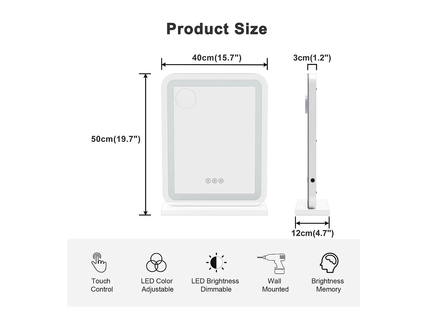 Miroir Maquillage LED 40x50cm, Hollywood, 3 Modes, Luminosité Réglable, Contrôle Tactile, Table ou Mur, Blanc
