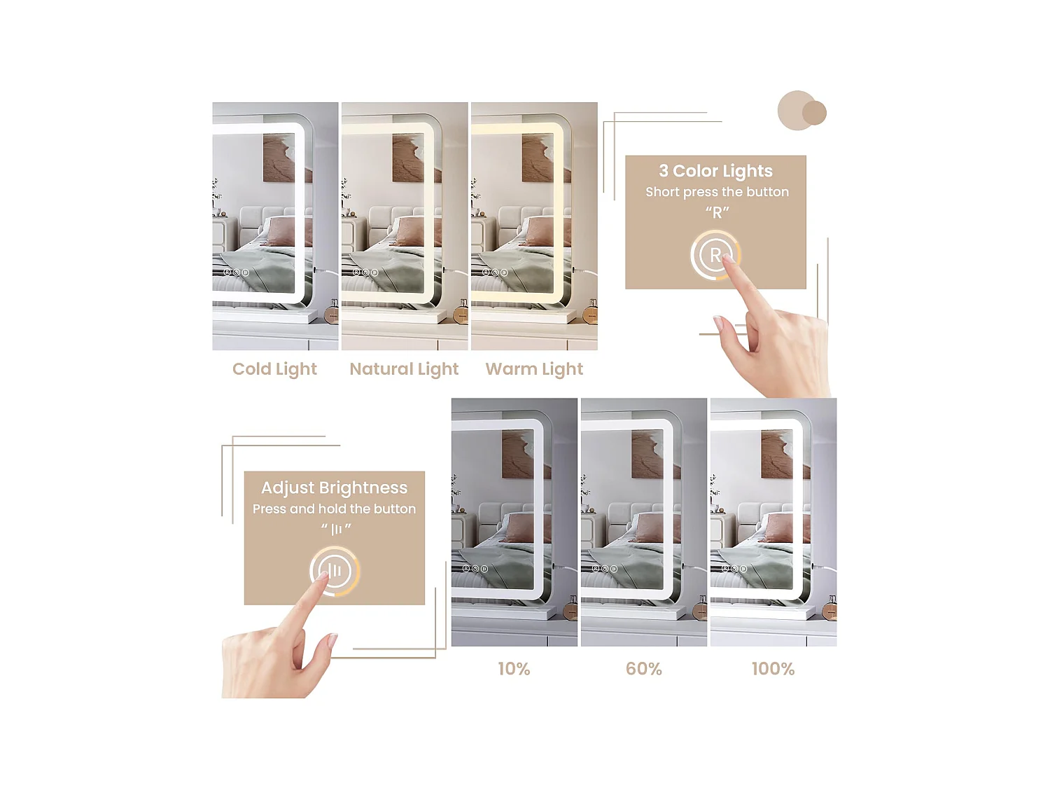 Miroir Maquillage LED 40x50cm, Hollywood, 3 Modes, Luminosité Réglable, Contrôle Tactile, Table ou Mur, Blanc