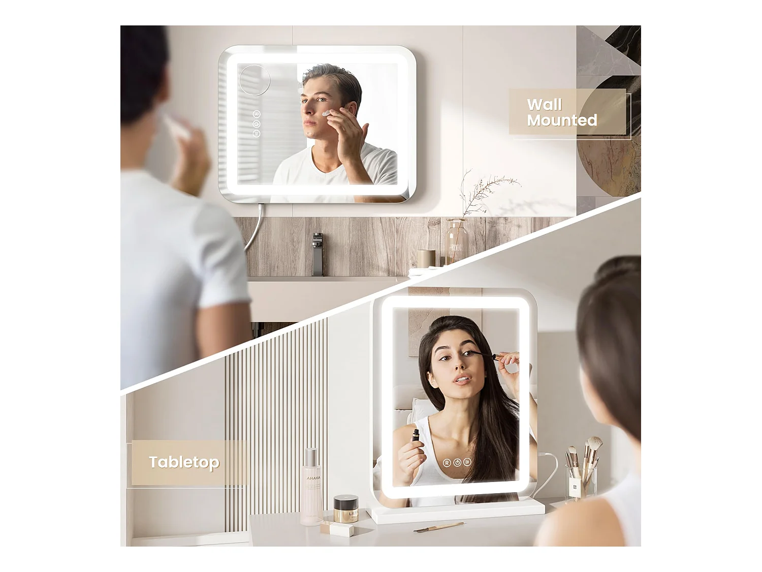 Miroir Maquillage LED 40x50cm, Hollywood, 3 Modes, Luminosité Réglable, Contrôle Tactile, Table ou Mur, Blanc