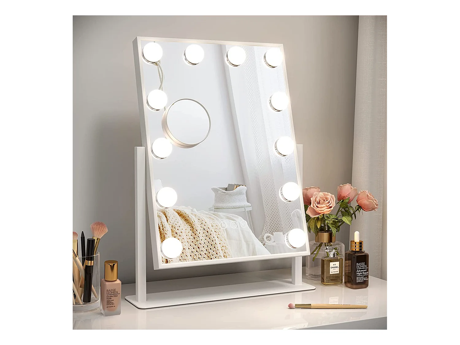 Miroir Maquillage LED 12 Lumières 30x41cm, Hollywood, Rotation 360°, 3 Modes, Luminosité Réglable, Contrôle Tactile, Blanc
