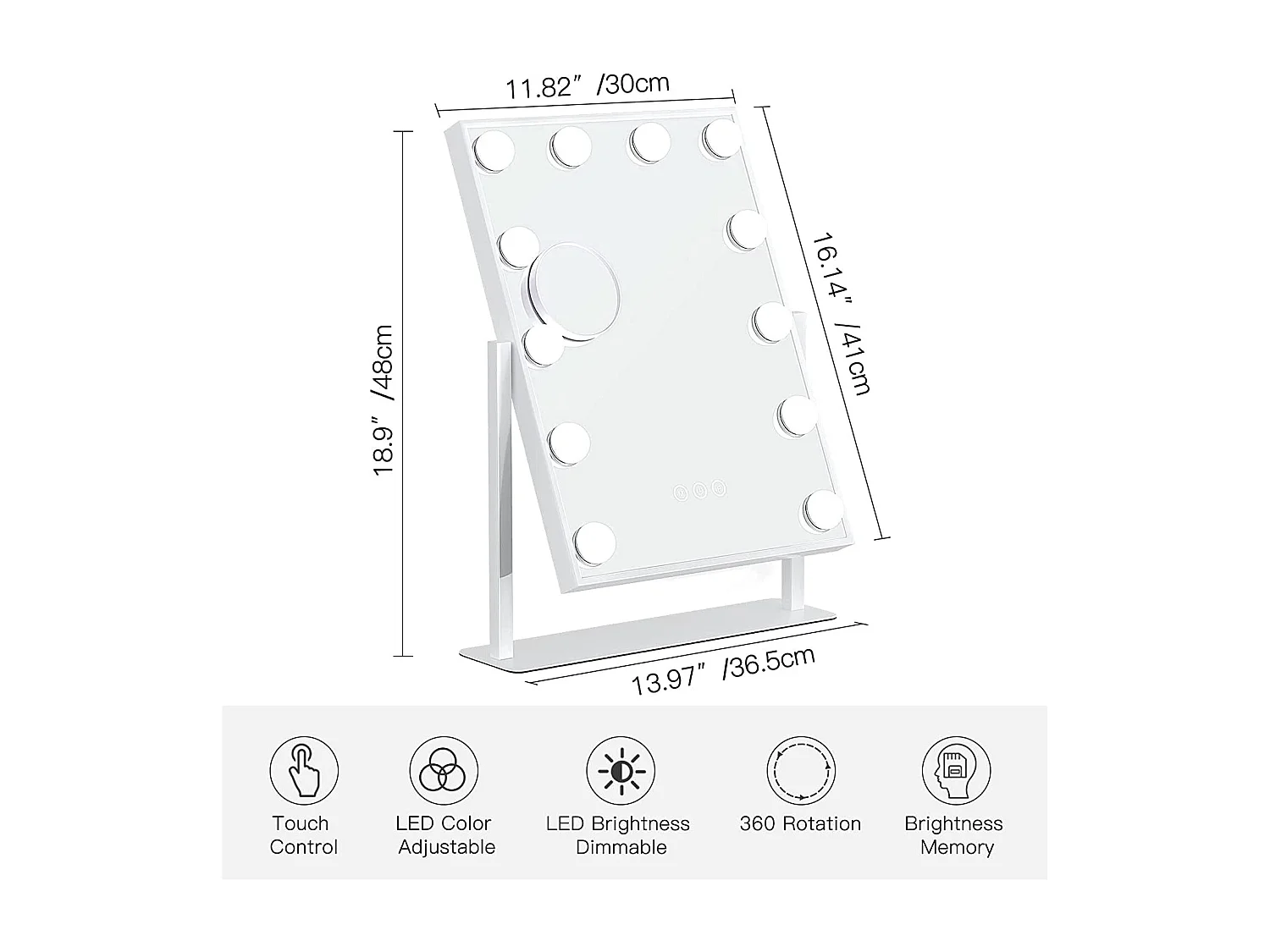 Miroir Maquillage LED 12 Lumières 30x41cm, Hollywood, Rotation 360°, 3 Modes, Luminosité Réglable, Contrôle Tactile, Blanc