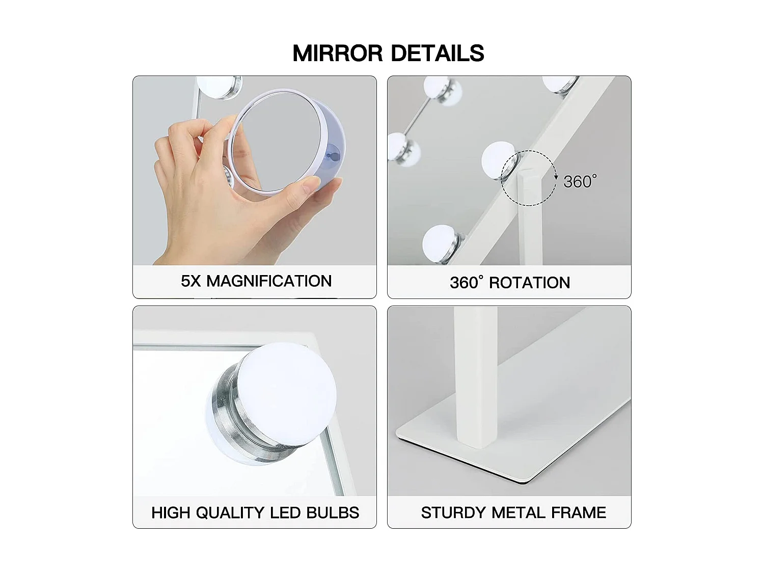 Miroir Maquillage LED 12 Lumières 30x41cm, Hollywood, Rotation 360°, 3 Modes, Luminosité Réglable, Contrôle Tactile, Blanc