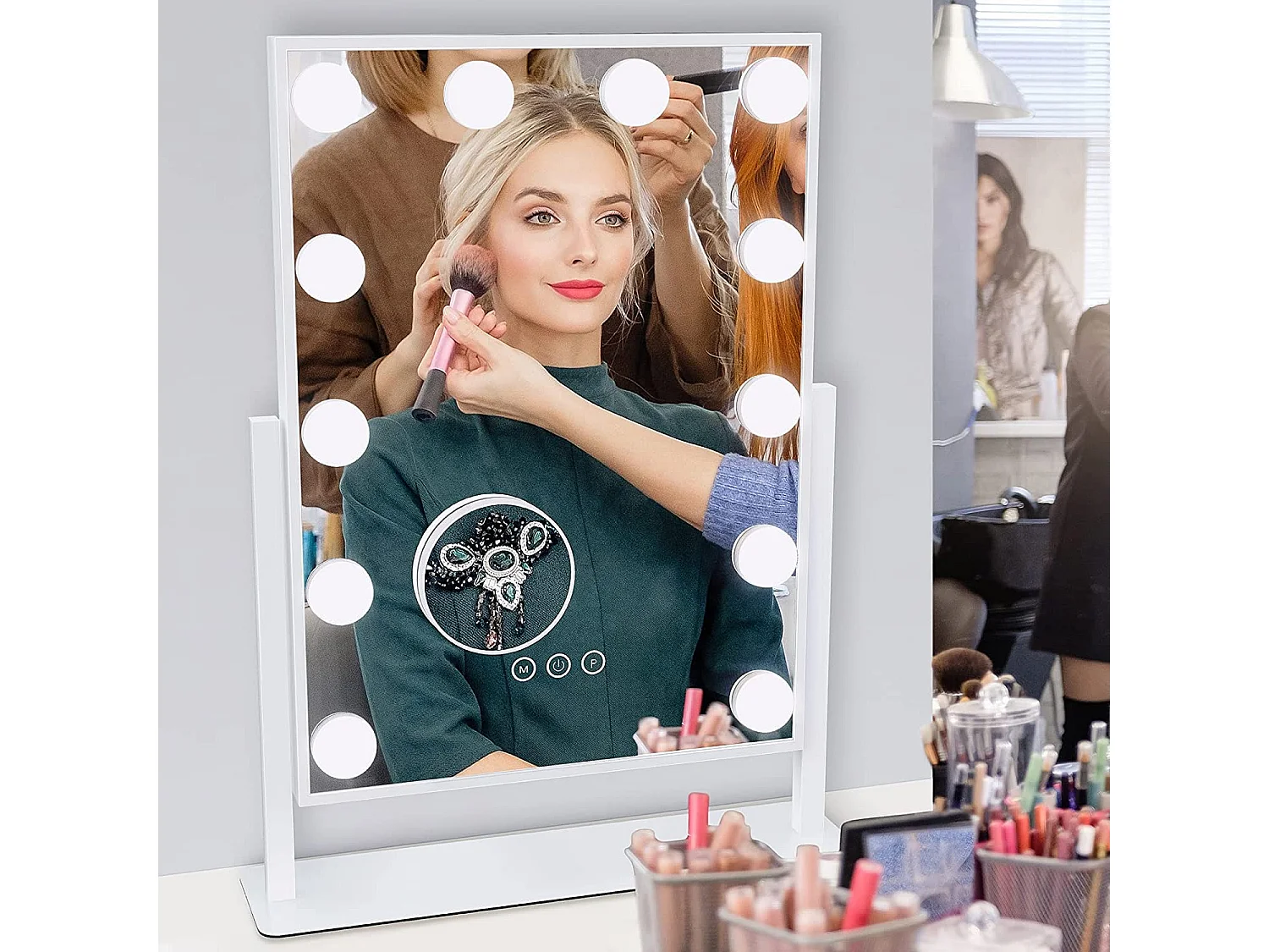 Miroir Maquillage LED 12 Lumières 30x41cm, Hollywood, Rotation 360°, 3 Modes, Luminosité Réglable, Contrôle Tactile, Blanc