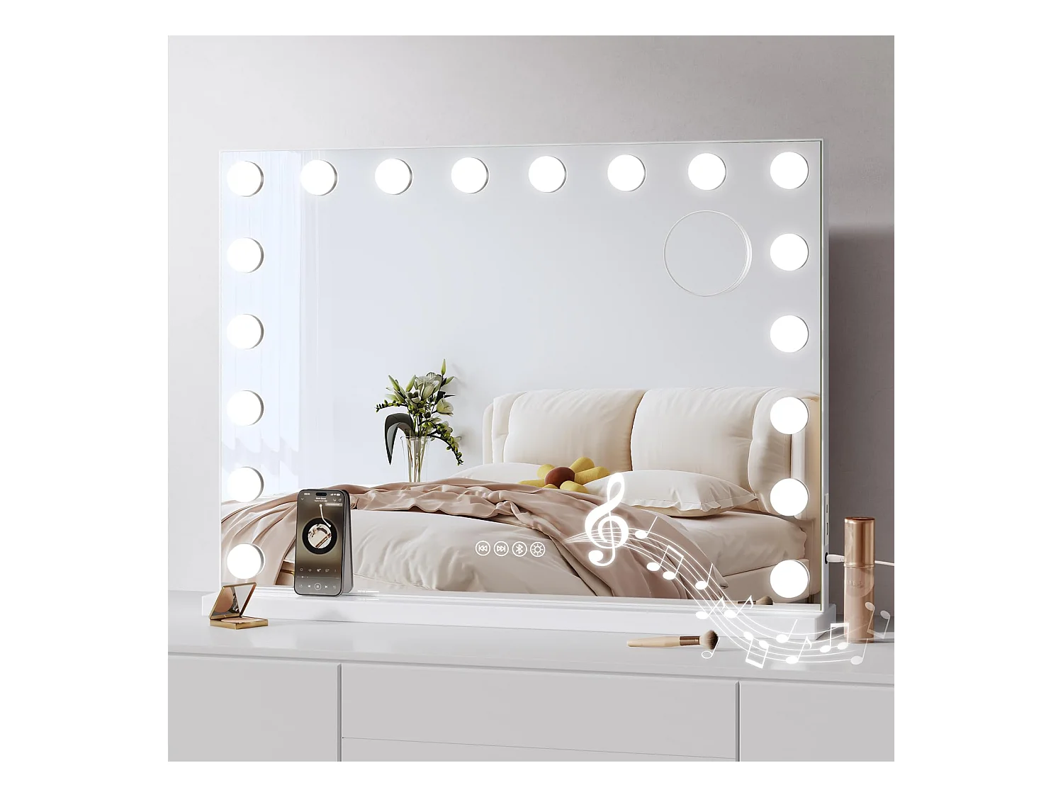 Miroir Maquillage LED Hollywood Bluetooth 18 Lampes 80x60cm, 3 Modes, Luminosité Réglable, Touch, USB/Type-C, Table ou Mur, Blanc