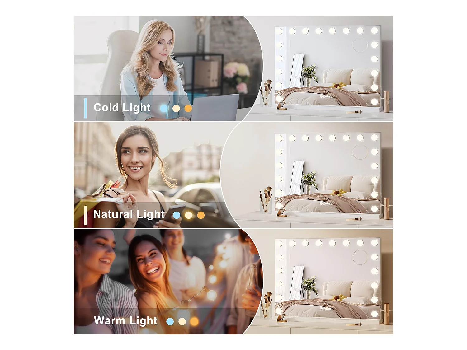 Miroir Maquillage LED Hollywood Bluetooth 18 Lampes 80x60cm, 3 Modes, Luminosité Réglable, Touch, USB/Type-C, Table ou Mur, Blanc