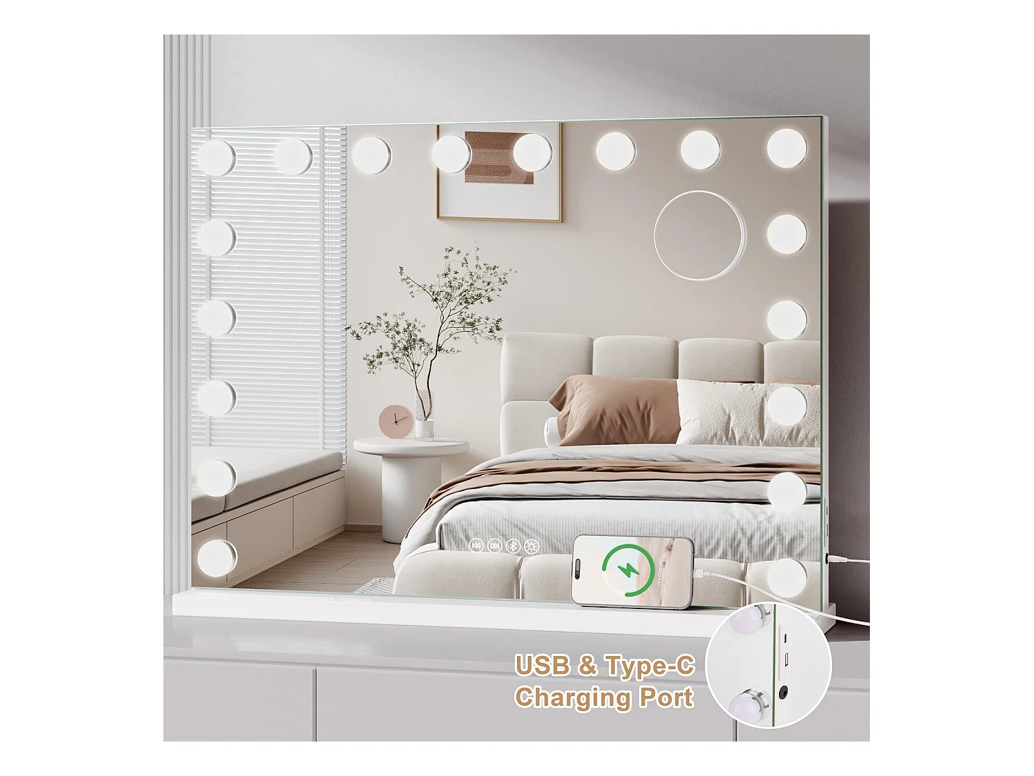 Miroir Maquillage LED Hollywood Bluetooth 18 Lampes 80x60cm, 3 Modes, Luminosité Réglable, Touch, USB/Type-C, Table ou Mur, Blanc