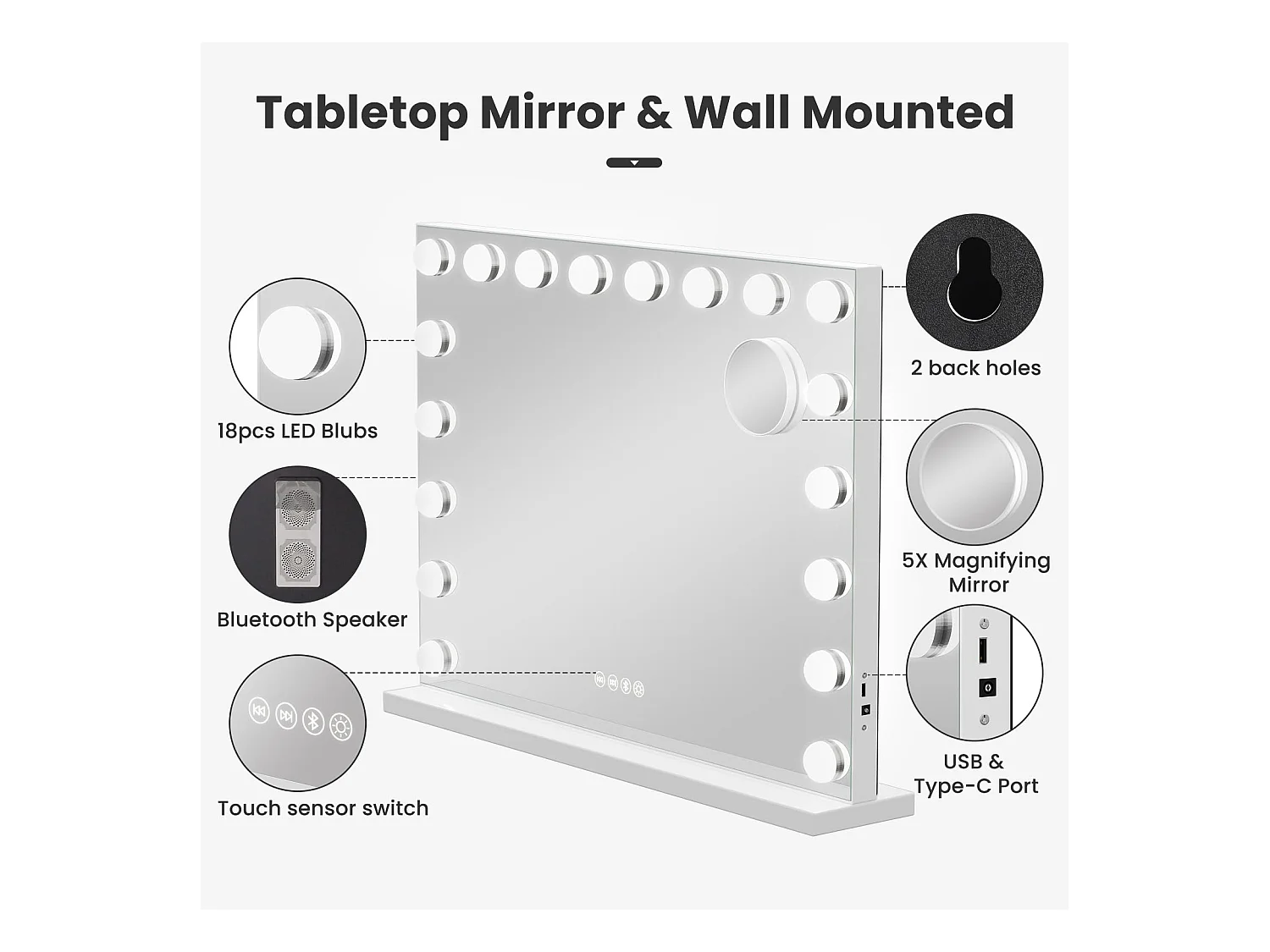 Miroir Maquillage LED Hollywood Bluetooth 18 Lampes 80x60cm, 3 Modes, Luminosité Réglable, Touch, USB/Type-C, Table ou Mur, Blanc