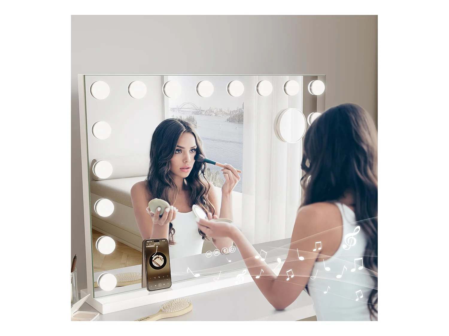 Miroir Maquillage LED Hollywood Bluetooth 18 Lampes 80x60cm, 3 Modes, Luminosité Réglable, Touch, USB/Type-C, Table ou Mur, Blanc