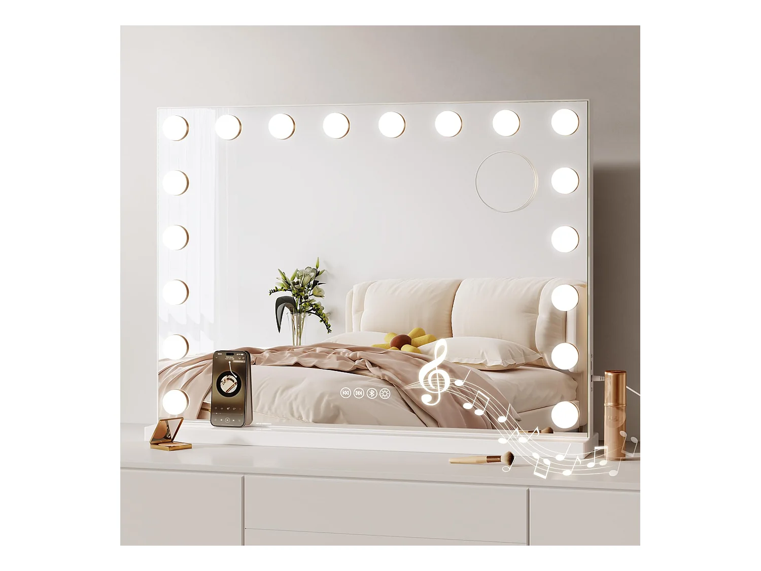 Miroir Maquillage LED Hollywood Bluetooth 18 Lampes 80x60cm, 3 Modes, Luminosité Réglable, Touch, USB/Type-C, Table ou Mur, Blanc