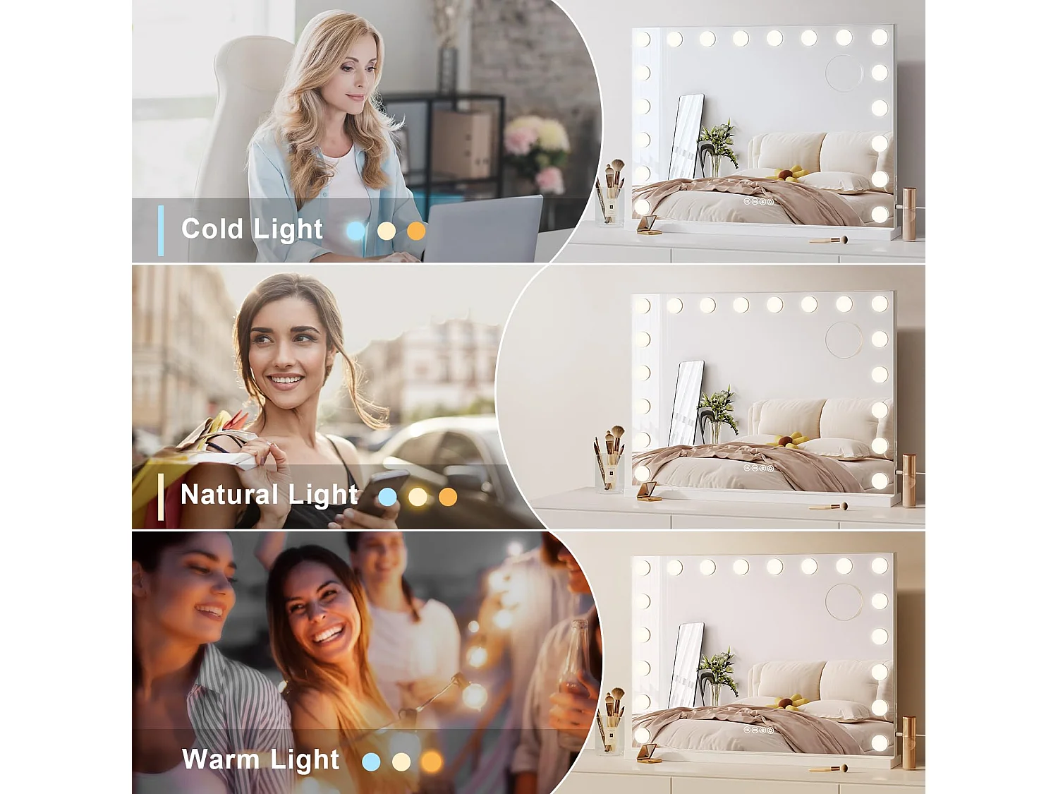 Miroir Maquillage LED Hollywood Bluetooth 18 Lampes 80x60cm, 3 Modes, Luminosité Réglable, Touch, USB/Type-C, Table ou Mur, Blanc