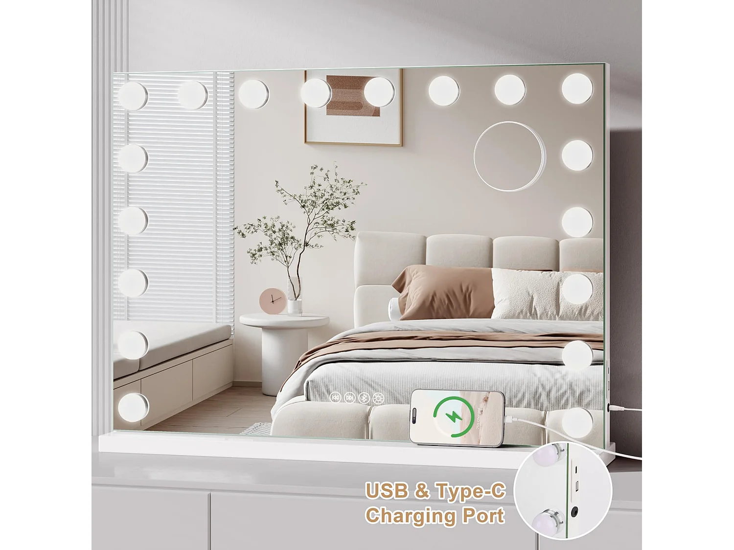 Miroir Maquillage LED Hollywood Bluetooth 18 Lampes 80x60cm, 3 Modes, Luminosité Réglable, Touch, USB/Type-C, Table ou Mur, Blanc