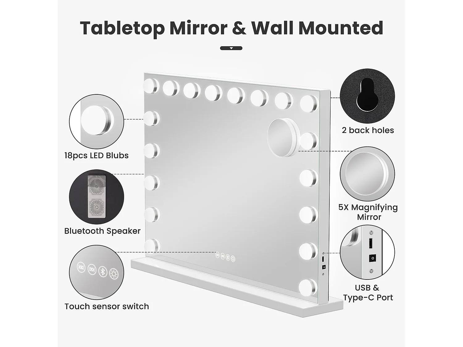 Miroir Maquillage LED Hollywood Bluetooth 18 Lampes 80x60cm, 3 Modes, Luminosité Réglable, Touch, USB/Type-C, Table ou Mur, Blanc