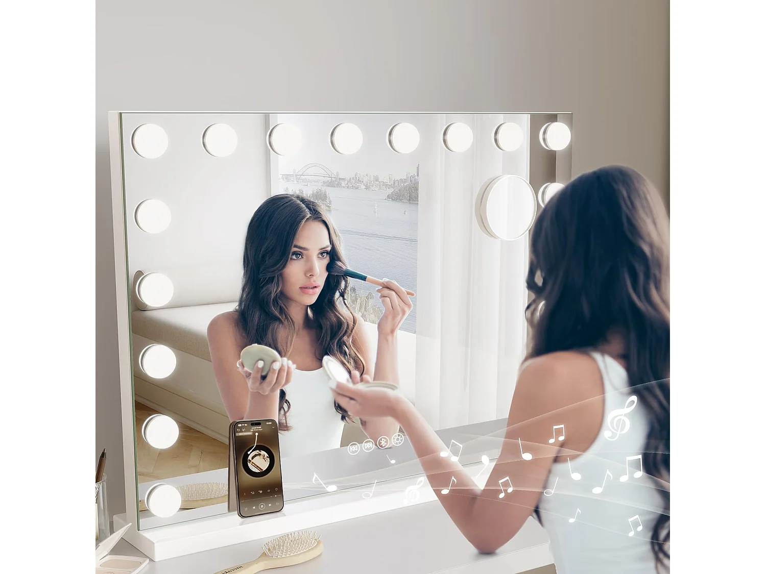 Miroir Maquillage LED Hollywood Bluetooth 18 Lampes 80x60cm, 3 Modes, Luminosité Réglable, Touch, USB/Type-C, Table ou Mur, Blanc