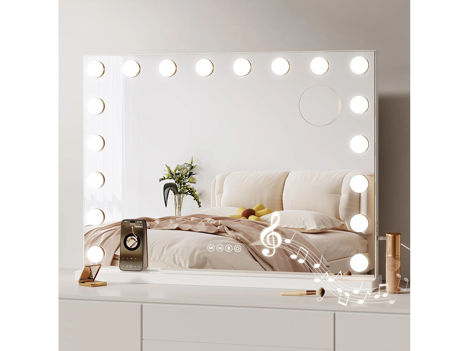Miroir Maquillage LED Hollywood Bluetooth 18 Lampes 80x60cm, 3 Modes, Luminosité Réglable, Touch, USB/Type-C, Table ou Mur, Blanc