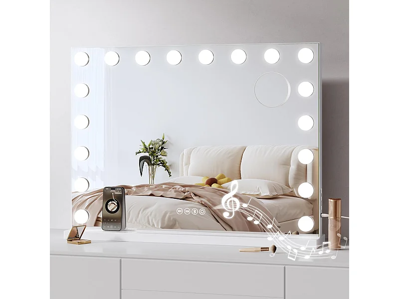 Specchio per il trucco Hollywood Bluetooth LED 18 luci 80x60 cm, 3 modalità, luminosità regolabile, touch, USB/tipo C, da tavolo o da parete, bianco
