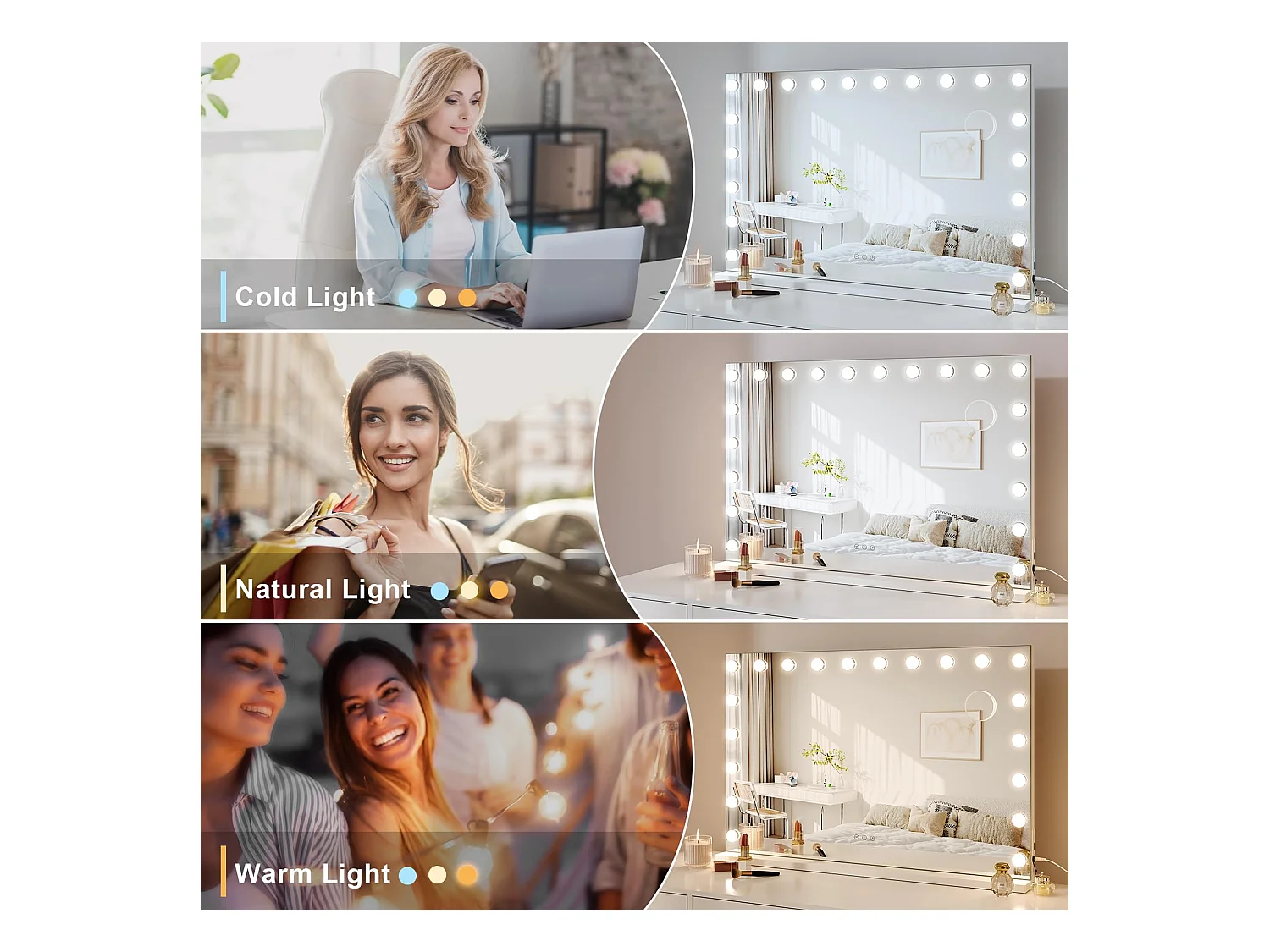 Hollywood Make-upspiegel 20 LED 90x60cm, 3 standen, instelbare helderheid, touchbediening, USB-poort, tafel of muur, wit