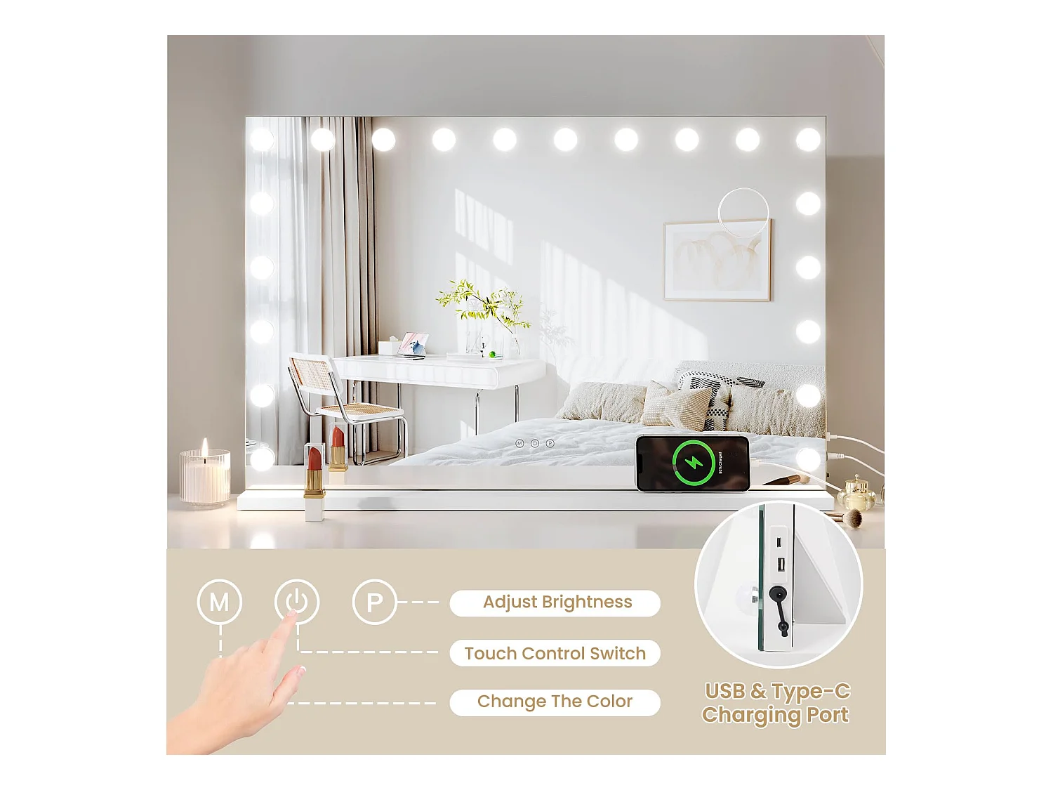 Hollywood Make-upspiegel 20 LED 90x60cm, 3 standen, instelbare helderheid, touchbediening, USB-poort, tafel of muur, wit