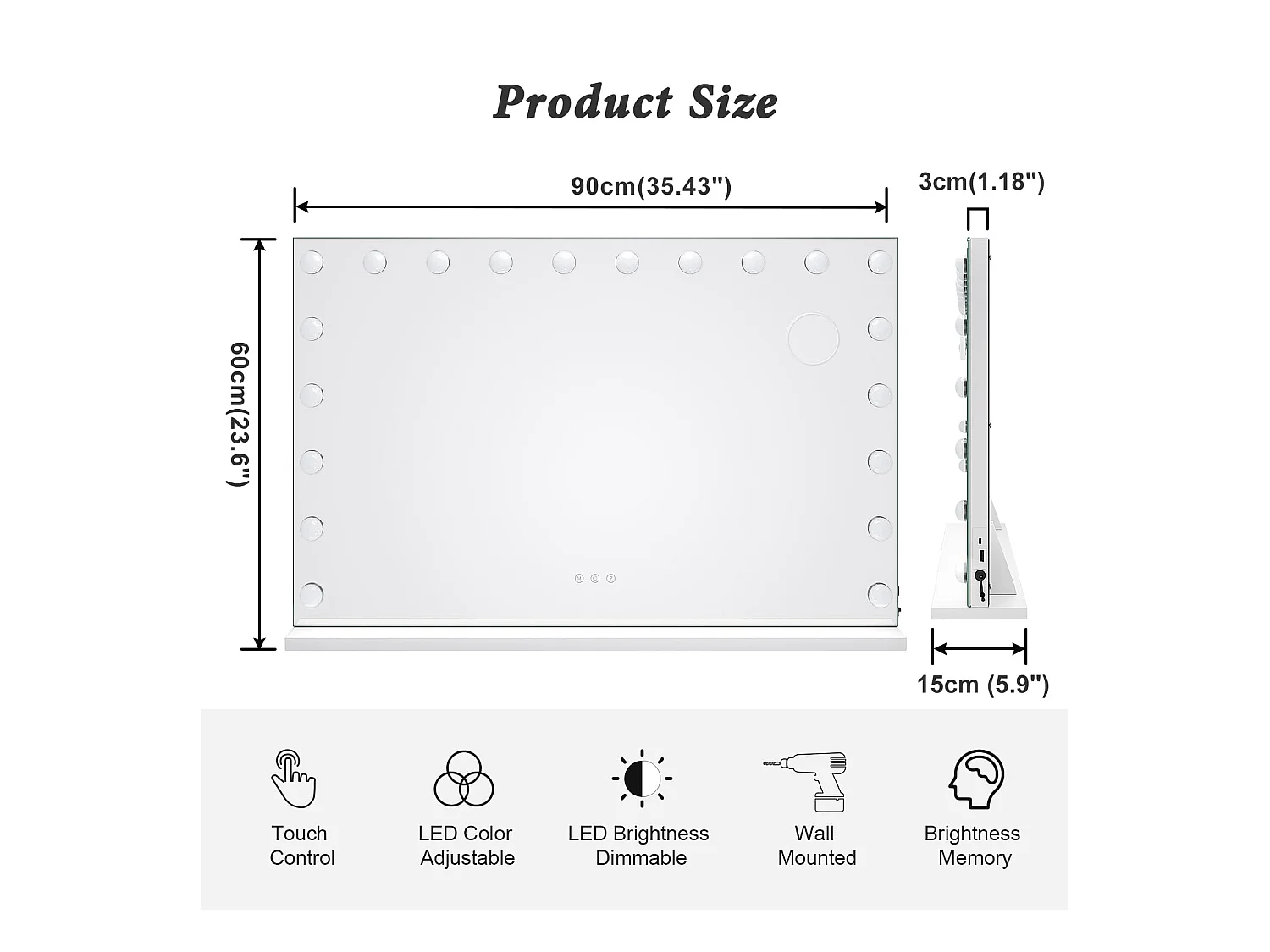 Hollywood Make-upspiegel 20 LED 90x60cm, 3 standen, instelbare helderheid, touchbediening, USB-poort, tafel of muur, wit