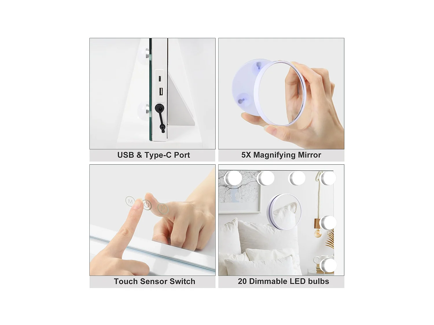 Hollywood Make-upspiegel 20 LED 90x60cm, 3 standen, instelbare helderheid, touchbediening, USB-poort, tafel of muur, wit