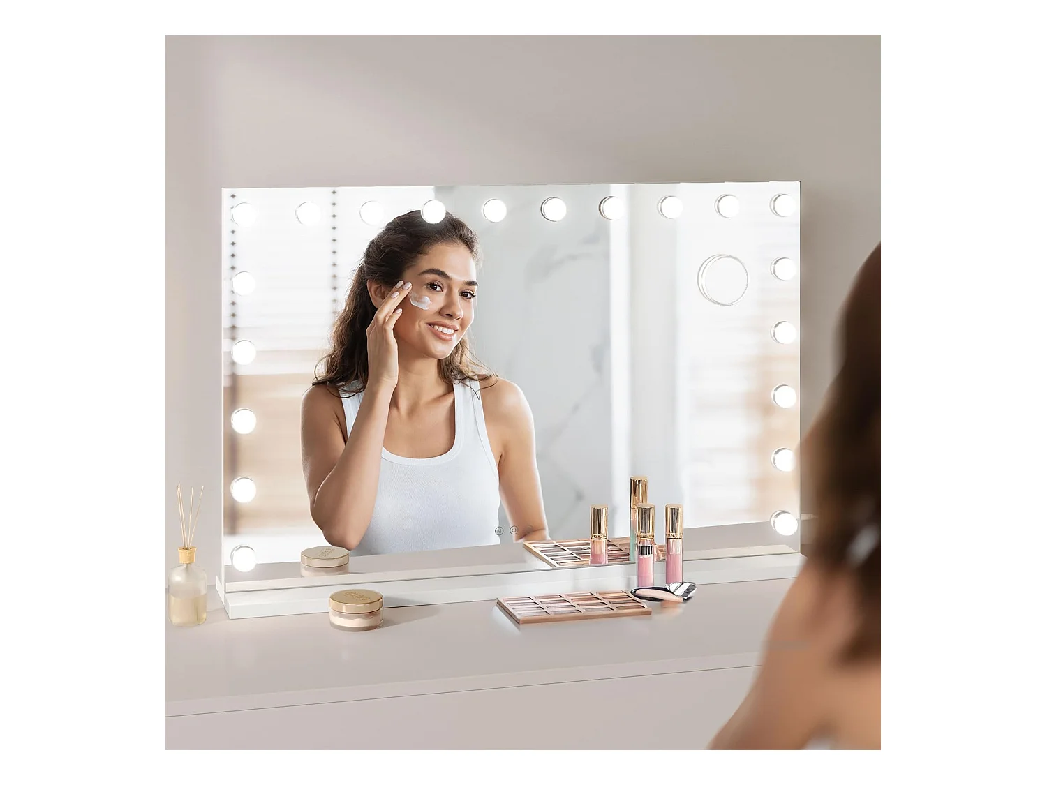 Hollywood Make-upspiegel 20 LED 90x60cm, 3 standen, instelbare helderheid, touchbediening, USB-poort, tafel of muur, wit