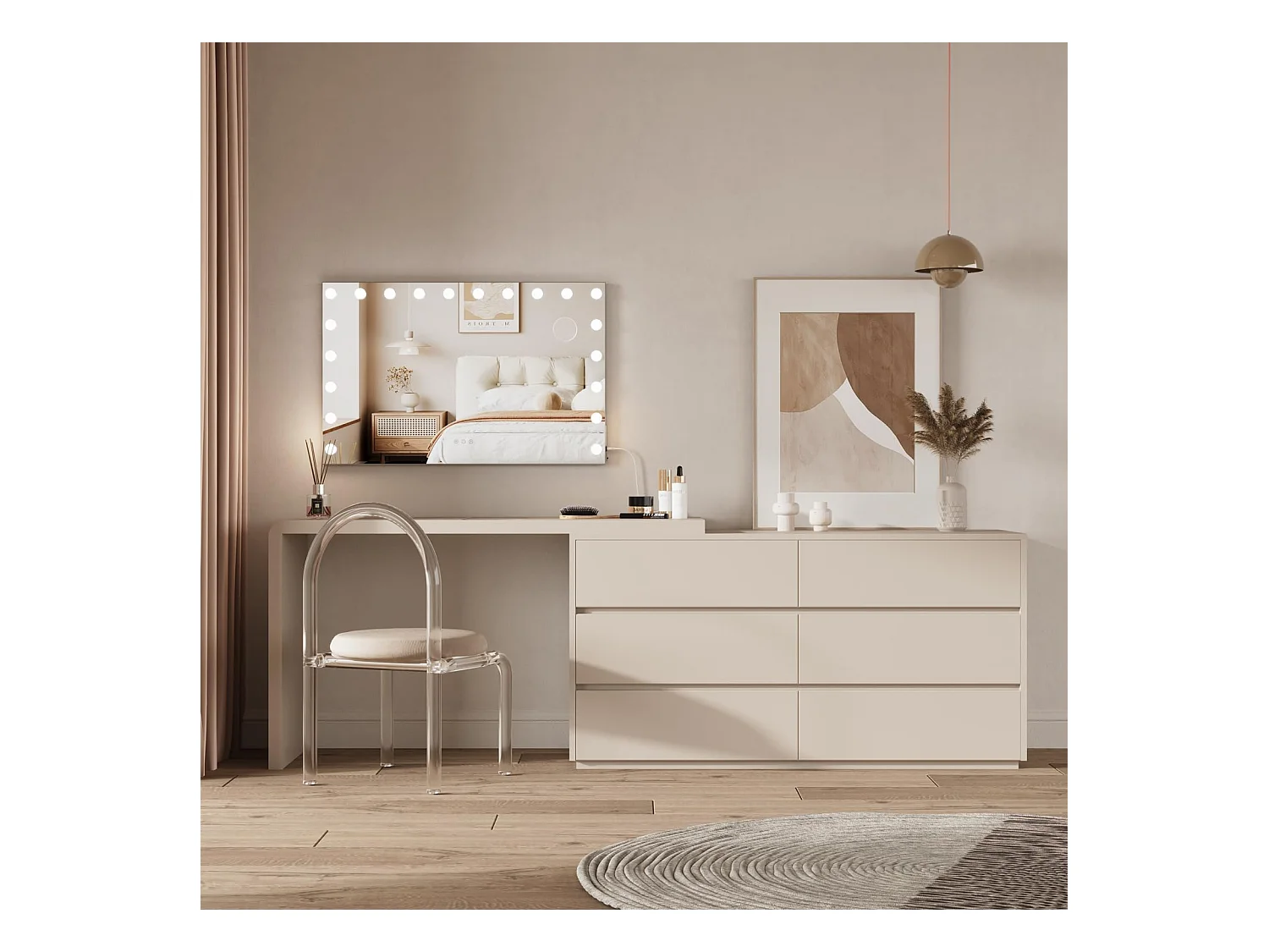 Hollywood Make-upspiegel 20 LED 90x60cm, 3 standen, instelbare helderheid, touchbediening, USB-poort, tafel of muur, wit