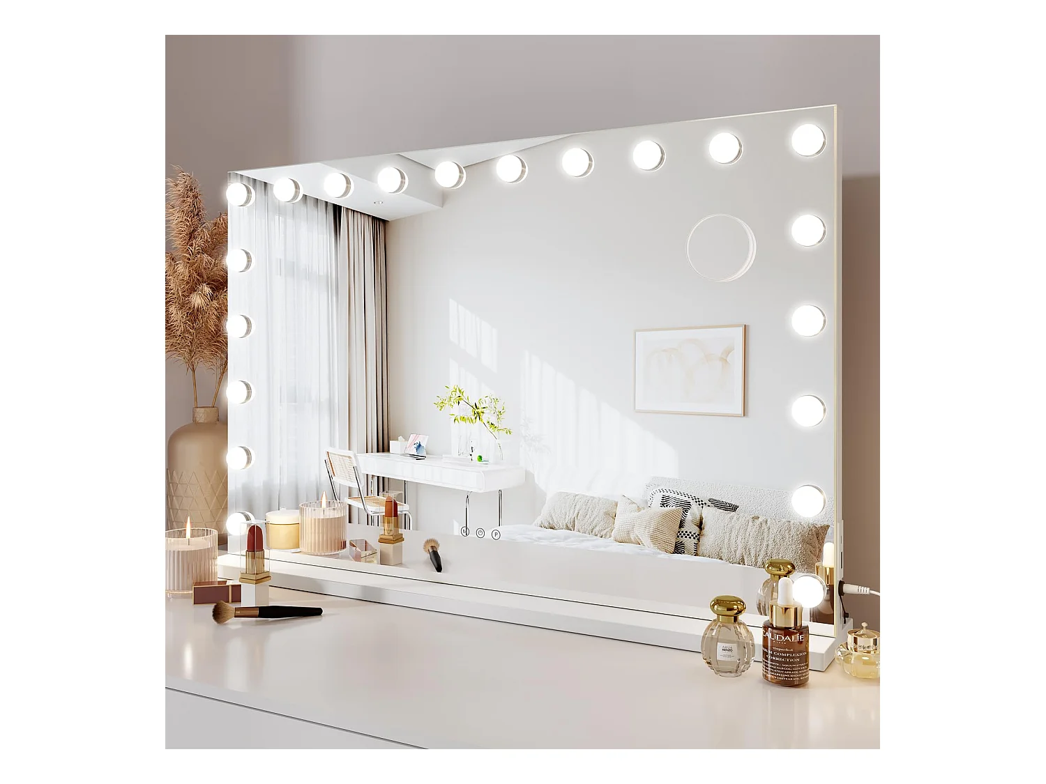 Miroir Maquillage Hollywood 20 LED 90x60cm, 3 Modes, Luminosité Réglable, Contrôle Tactile, Port USB, Table ou Mur, Blanc