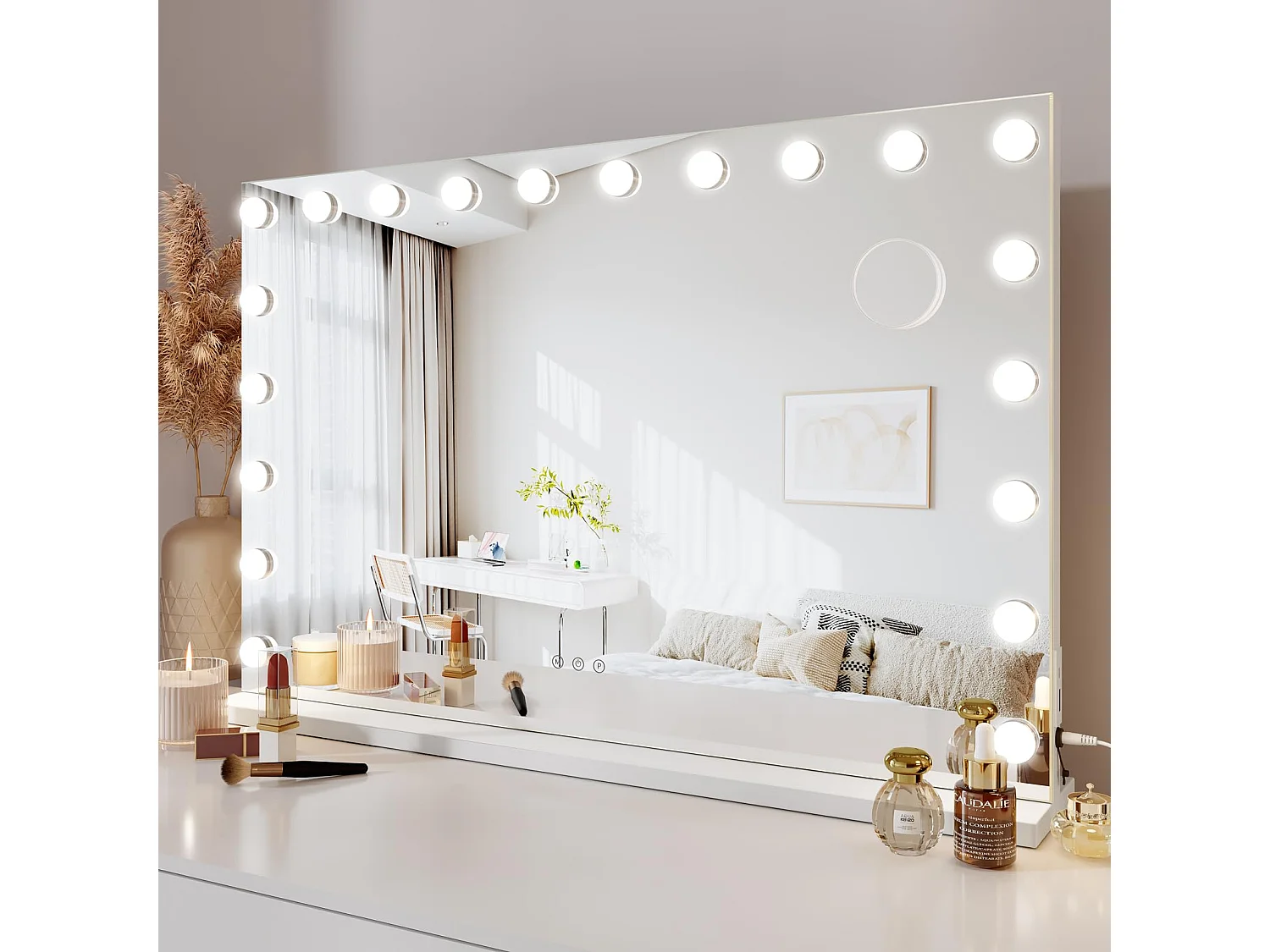 Miroir Maquillage Hollywood 20 LED 90x60cm, 3 Modes, Luminosité Réglable, Contrôle Tactile, Port USB, Table ou Mur, Blanc