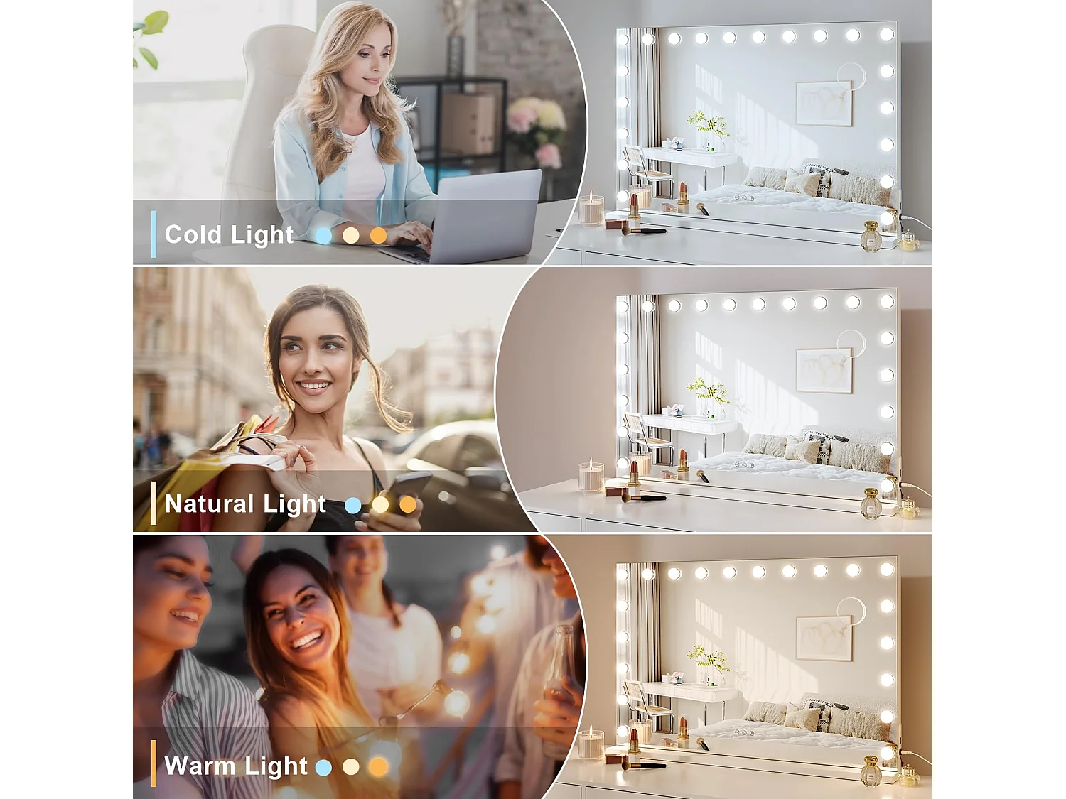 Miroir Maquillage Hollywood 20 LED 90x60cm, 3 Modes, Luminosité Réglable, Contrôle Tactile, Port USB, Table ou Mur, Blanc