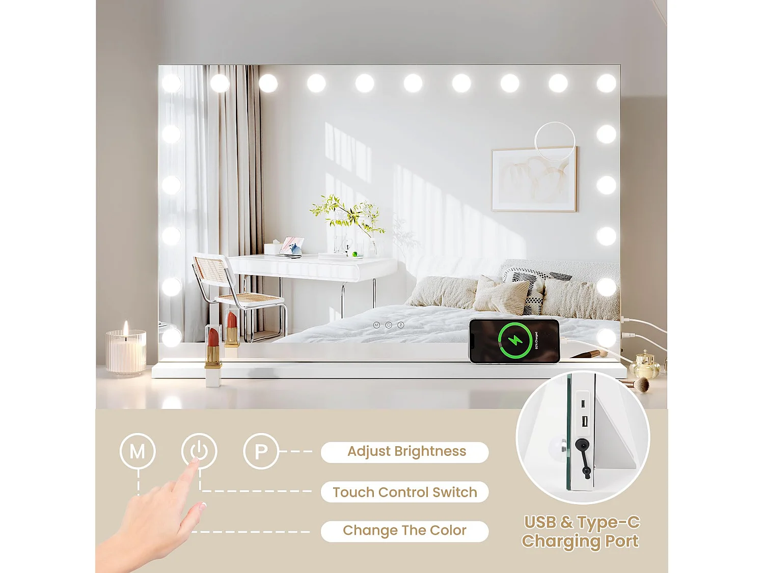 Miroir Maquillage Hollywood 20 LED 90x60cm, 3 Modes, Luminosité Réglable, Contrôle Tactile, Port USB, Table ou Mur, Blanc